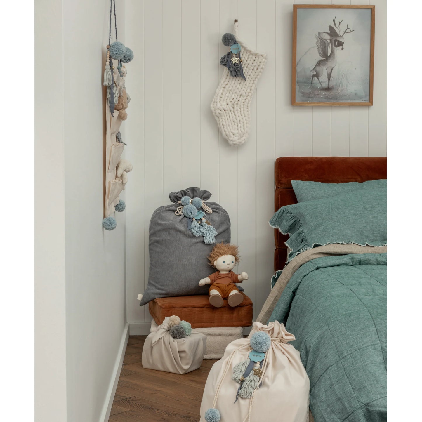 Knitted Cream and Blue Christmas Stocking