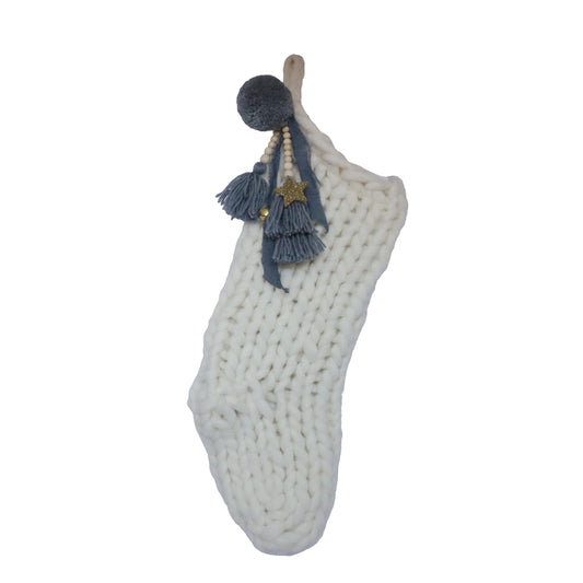 Knitted Cream and Blue Christmas Stocking