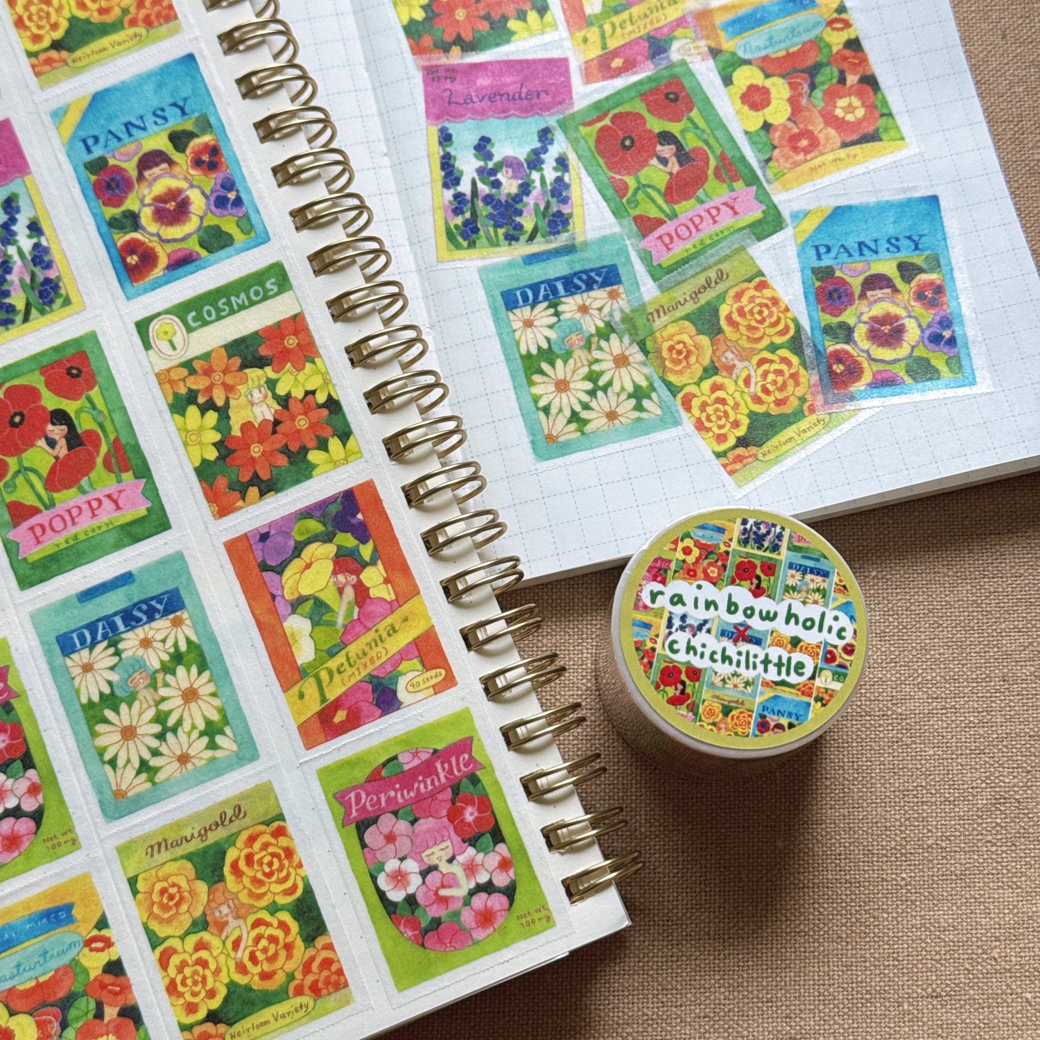 (MT135) Rainbowholic x Chichilittle Flower Seed Packets Easy Cut Washi Tape 3cm
