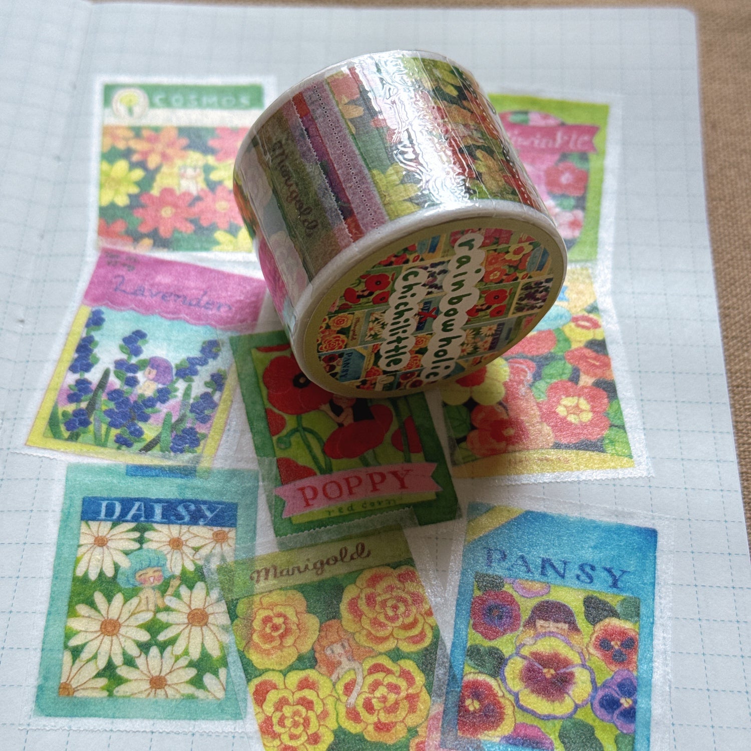 (MT135) Rainbowholic x Chichilittle Flower Seed Packets Easy Cut Washi Tape 3cm