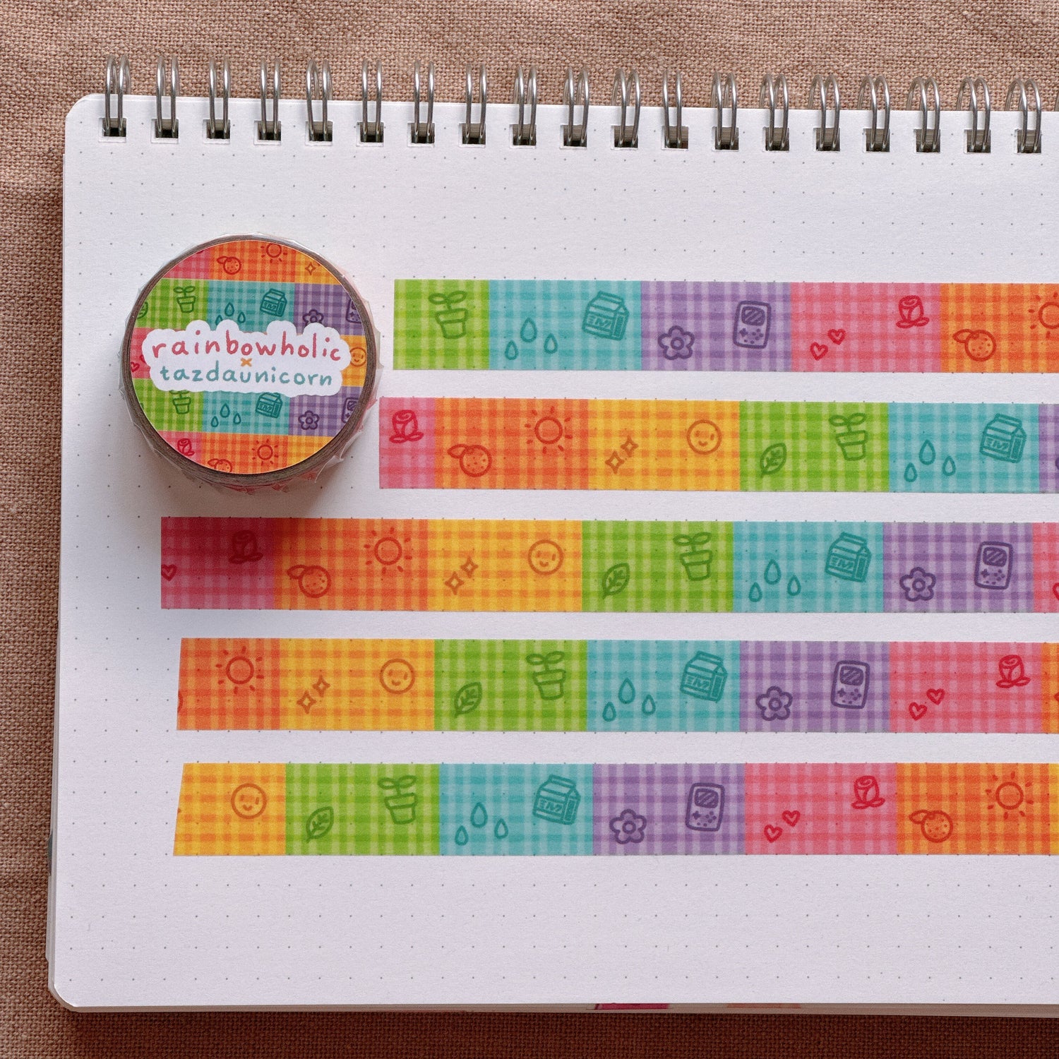(MT130) Original Rainbowholic x Tazdaunicorn Gingham Doodles Washi Tape