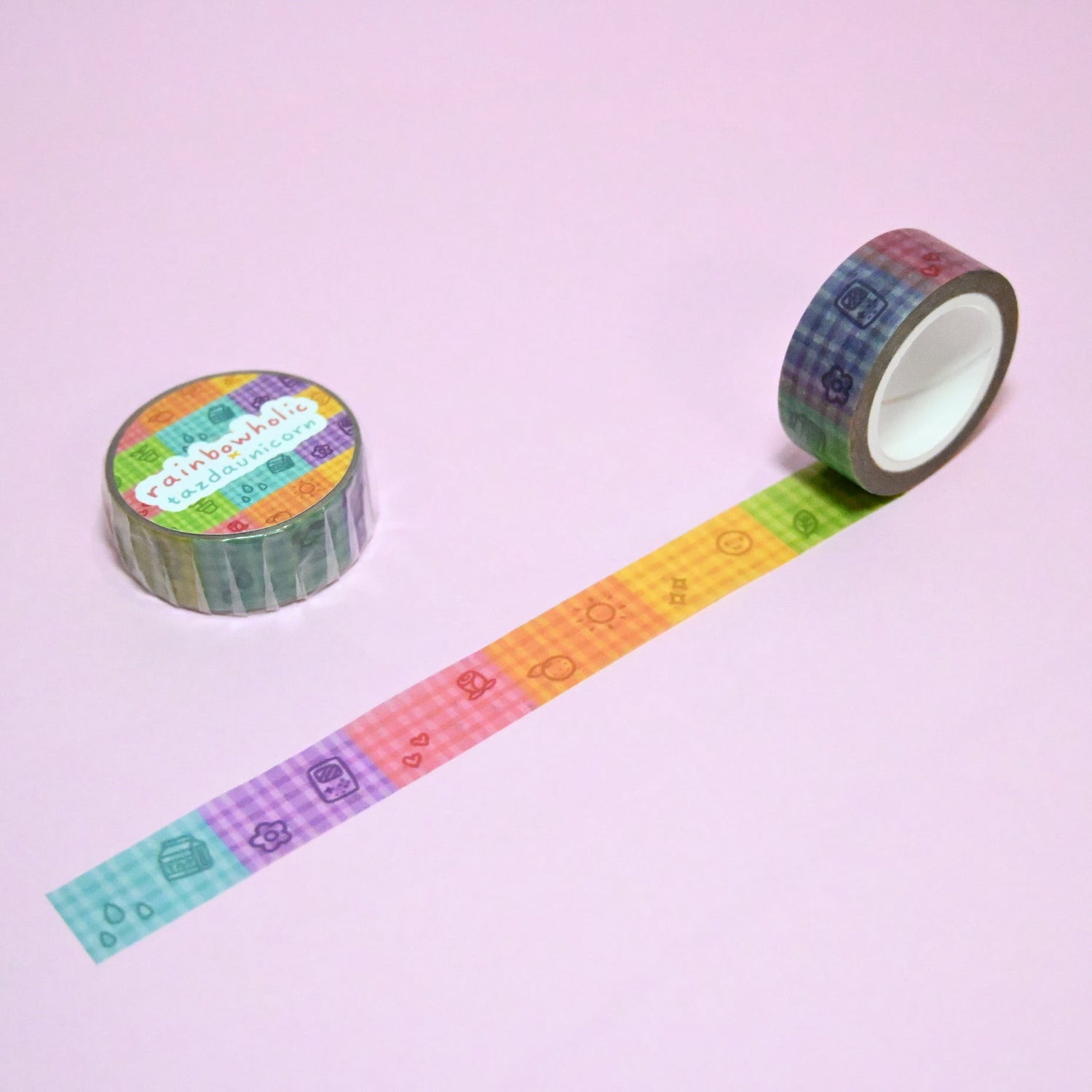 (MT130) Original Rainbowholic x Tazdaunicorn Gingham Doodles Washi Tape